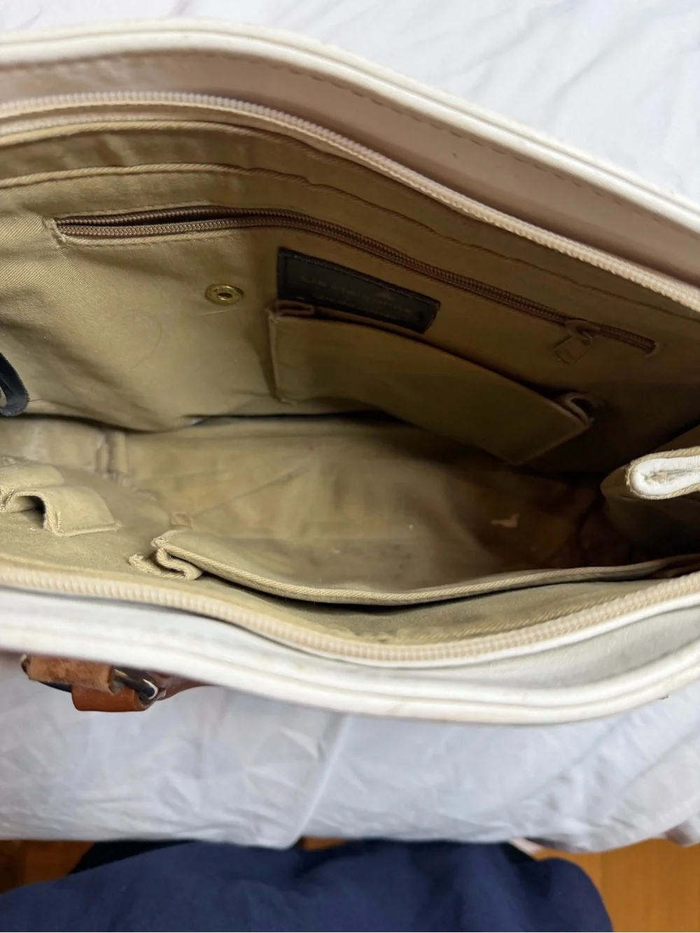 Liz Claiborne Genuine Leather White Satchel Brown Handle Shoulder Purse Bag